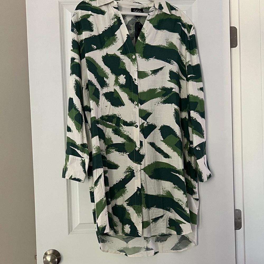 Green and White Patterned Shirt Dress